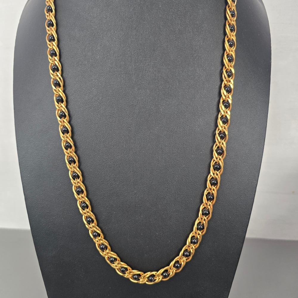 Vintage Napier Vintage Gold Tone Interlocking Link Black Bead Necklace 28" Long